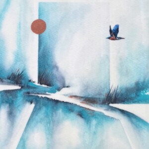 Watercolor bird and landscape