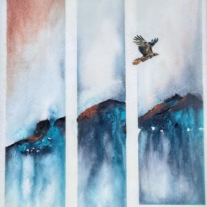 Watercolor bird and landscape